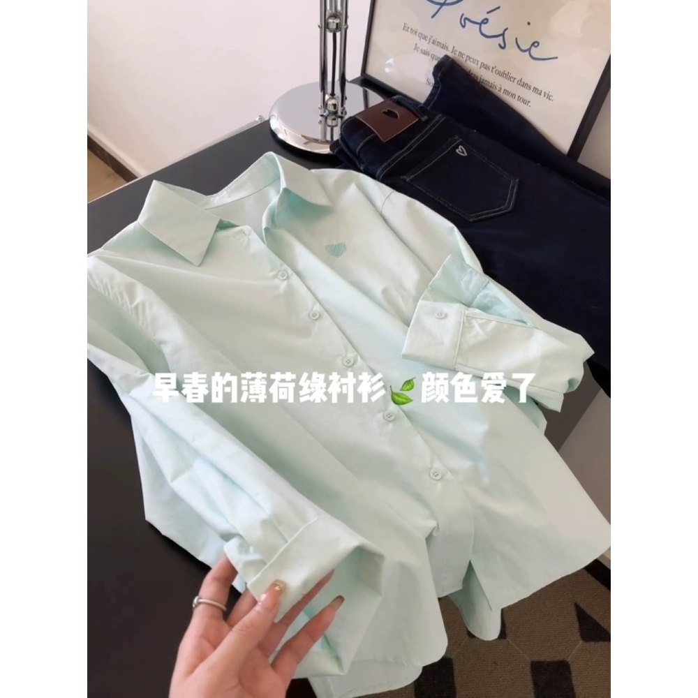 薄荷曼波綠上衣長袖襯衫外套女中長款遮屁股洋氣寬鬆慵懶風高級感