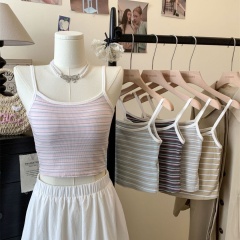 Summer New Knit Top Backless T-shirt Thin Korean First Love Sweet Style Color Block Striped Slim Tank Top