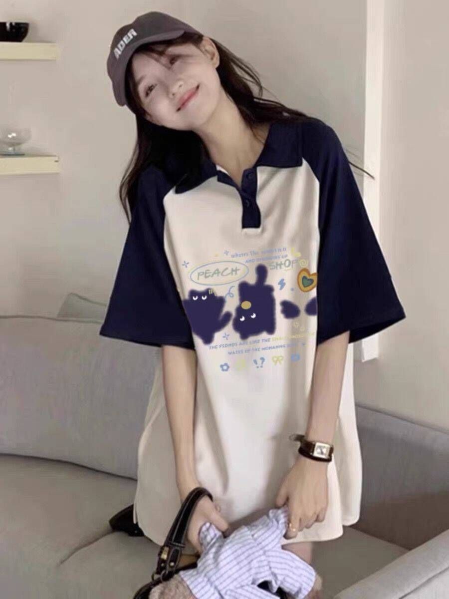 純棉 polo領寬鬆顯瘦t恤女夏季oversize短袖洋氣減齡別致情侶上衣