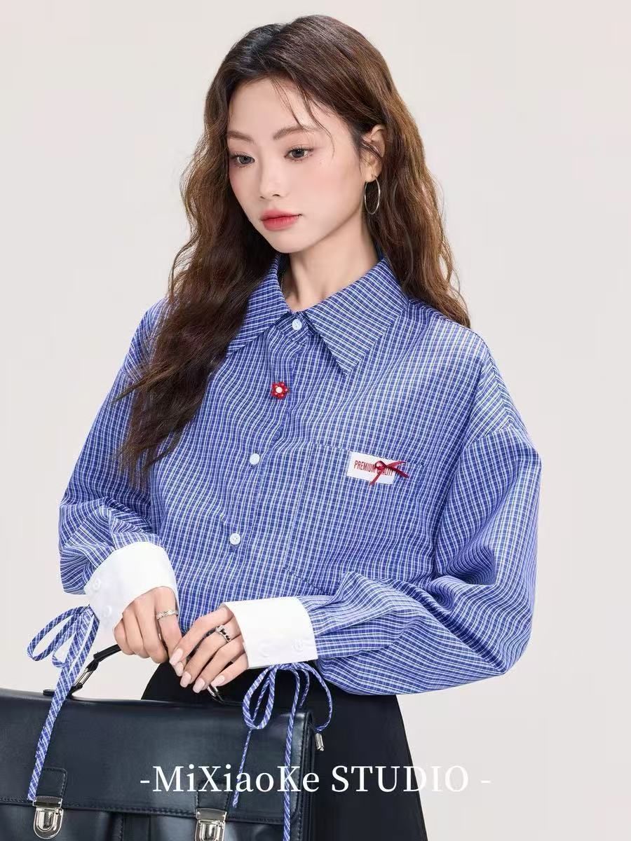 Spring blue plaid shirt shirt straps versatile new loose long-sleeved top