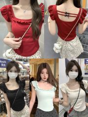 辣妹荷葉邊方領飛袖背心女外穿一體杯帶胸墊吊帶上衣夏季