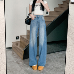 Real shot~ American high street light blue wide-leg jeans for women's design, grinding white and old straight trousers