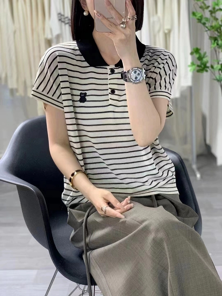 可愛減齡撞色娃娃領冰絲亞麻短袖針織衫女夏季小熊刺繡坎肩薄上衣