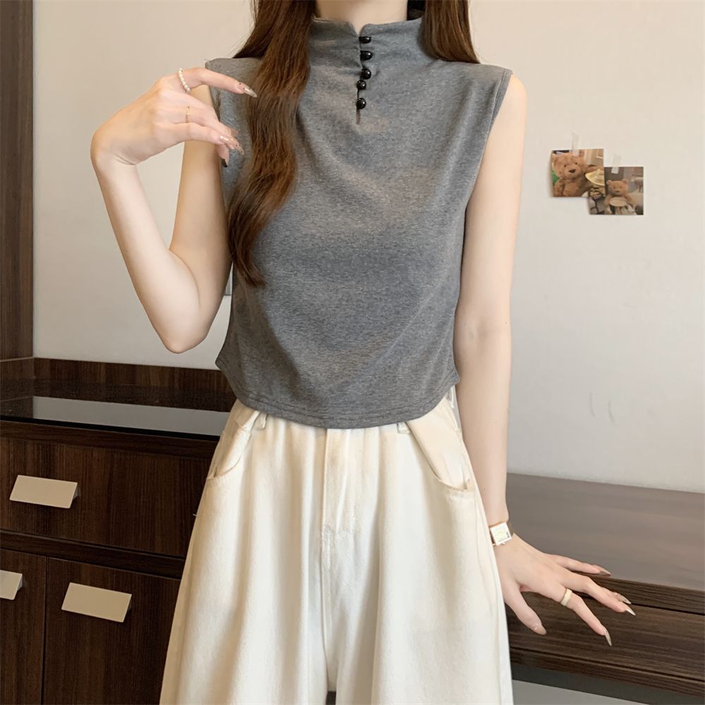 Real shot 40 pure cotton 210g 92 cotton/8 spandex half high neck sleeveless T-shirt for women