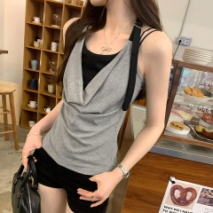 Real photos of hot girls halter neck pinching waist sleeveless small suspender women's summer 2025 new sexy cool vest top