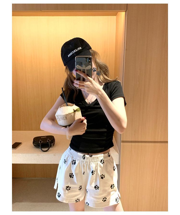 Puppy footprint white shorts for women in summer thin loose small wide-leg sports casual hot pants