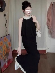 Summer 2025 New Unique Design Sleeveless Long Dress Set French 3D Floral Black Strapless Dress for Women