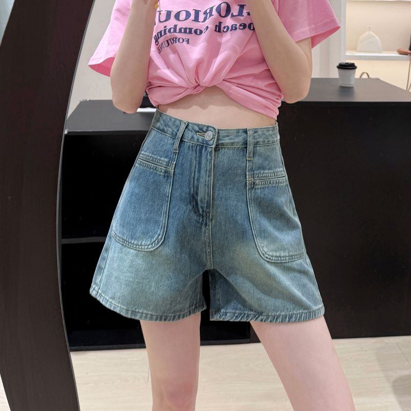 Korean style design-sensory denim shorts for women in spring and summer new high-waisted slim A-line loose straight denim shorts trendy