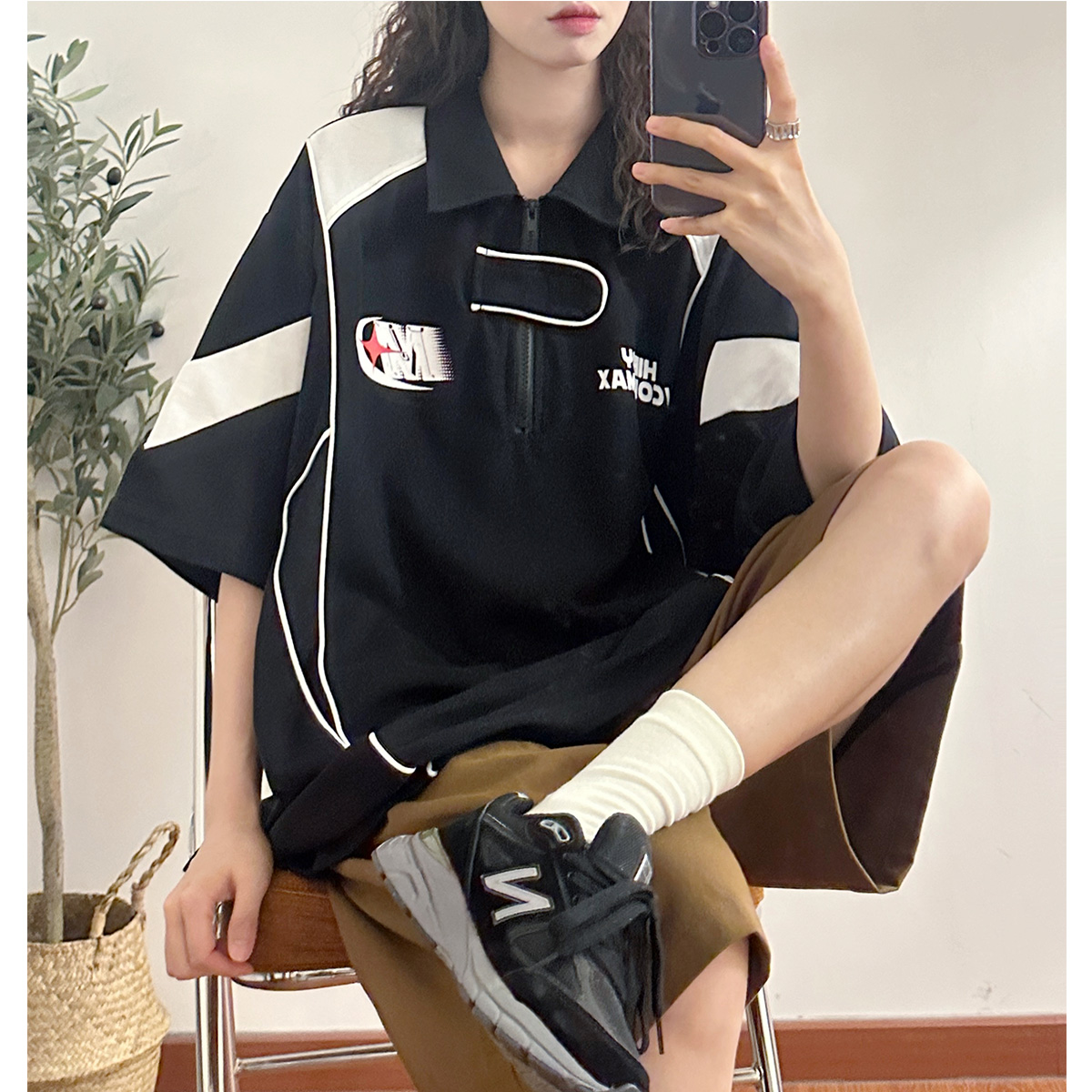 Korean chic summer loose American retro mountain racing lapel short-sleeved T-shirt contrasting color polo shirt for men and women