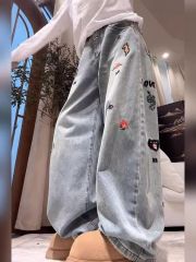 American retro washing light blue embroidered straight jeans for women in spring high waist slimming wide-leg pants ins trendy