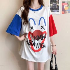 首發100%純棉/後包領撞色拼接T恤女趣味卡通印花寬鬆中長款上衣