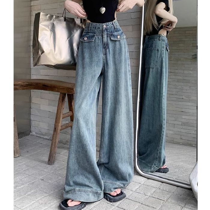 High waist drooping wide-leg jeans for women in spring and autumn new retro versatile niche design floor straight trousers