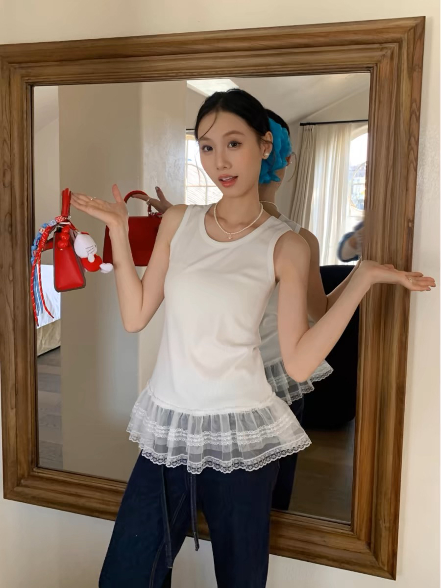 Korean cotton atmosphere layered inner strap vest for women's summer new puffy lace sleeveless top