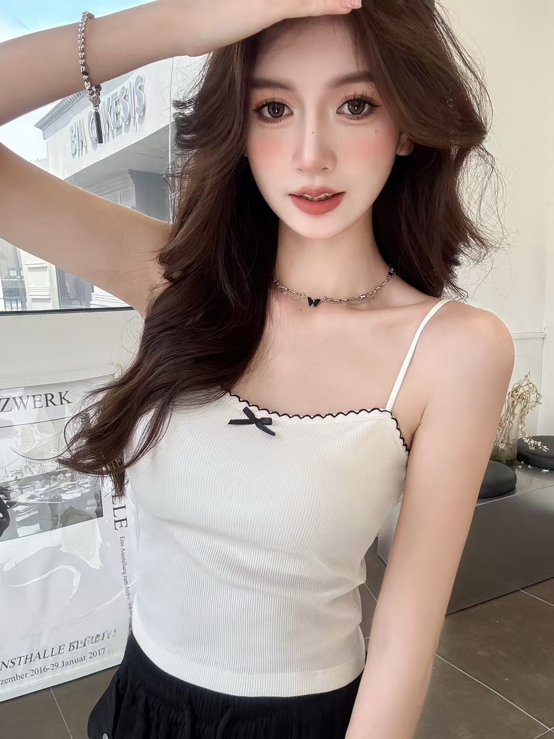 ~Ballet style bow suspender vest hot girl slim and versatile with chest pad base coat