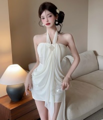 Real photos of pure desire style backless neck dress with temperament pleated waist-hugging slim hip-wrapped skirt