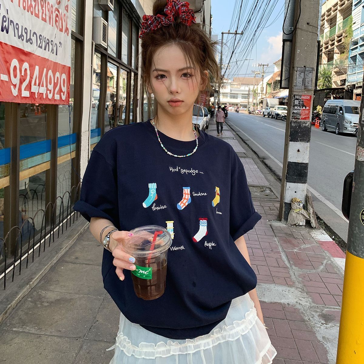 Original embroidery size pure cotton 220g combed tight Japanese and Korean versatile casual loose short-sleeved T-shirt for women