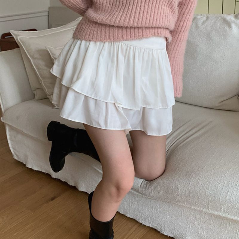 Korean chic high waist sweet fluffy skirt ruffle solid color versatile high waist slimming interior safety pants prevent exposure