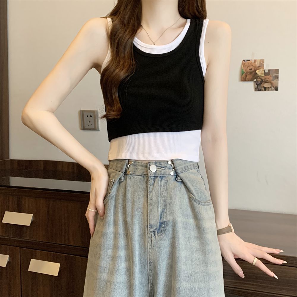 Real shot 40 pure cotton 210g 92 cotton/8 spandex suspender vest for women layering fake two pieces