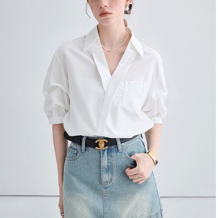 2025 Korean Foreign Trade New Style White V-neck Shirt Women's Workplace Commuter Shirt Casual Versatile Top