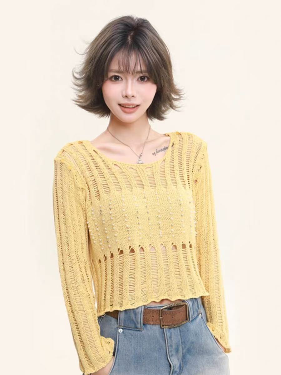 小眾設計感釘珠鏤空長袖針織衫女春夏新款獨特别致修身超好看上衣