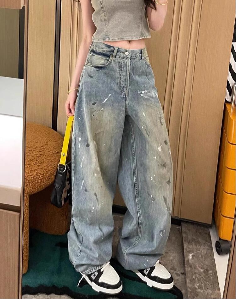 2025 summer new style casual dirty color old splash paint graffiti printing design loose fashionable straight denim