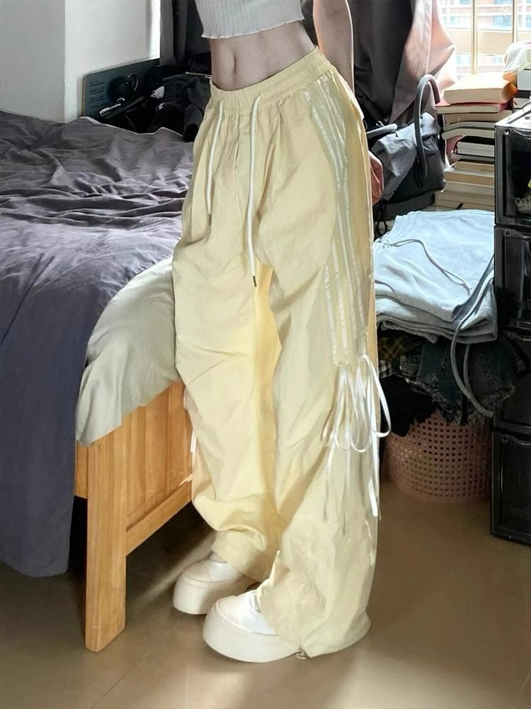 Three-dimensional waist dopamine yellow bow work pants for women thin loose straight draped casual wide-leg pants