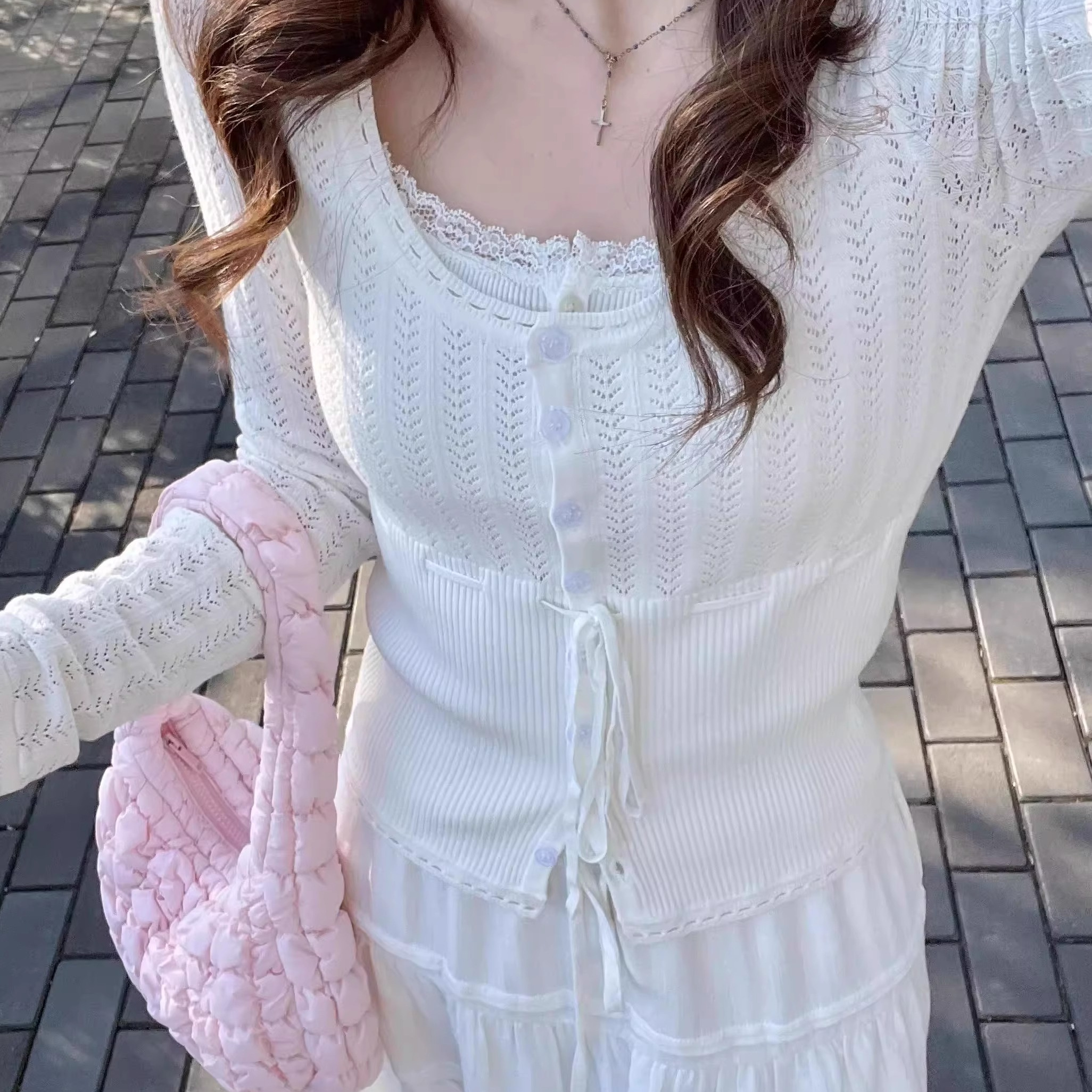 Lace-up waistband slim knitted cardigan for women 2025 spring and summer new Korean temperament small white hollow top