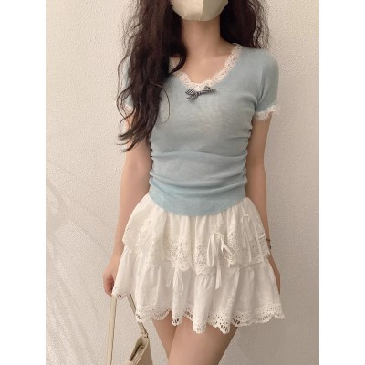 Bow V-neck lace short-sleeved sweater for women with summer pure sweet hot girl ballet style slim short top