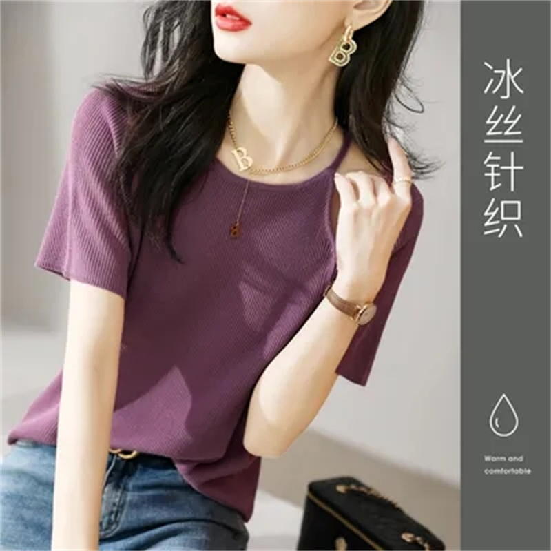 Thin hollow off-shoulder design sweater for women 2025 summer Korean version slim temperament T-shirt simple commuting