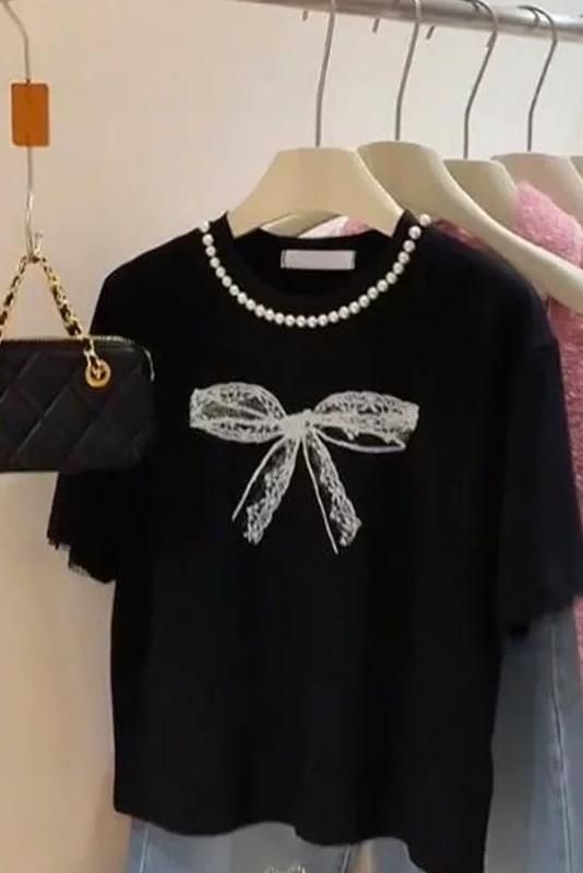 Pure cotton Korean bow print fashionable versatile round neck white short-sleeved T-shirt for women in summer