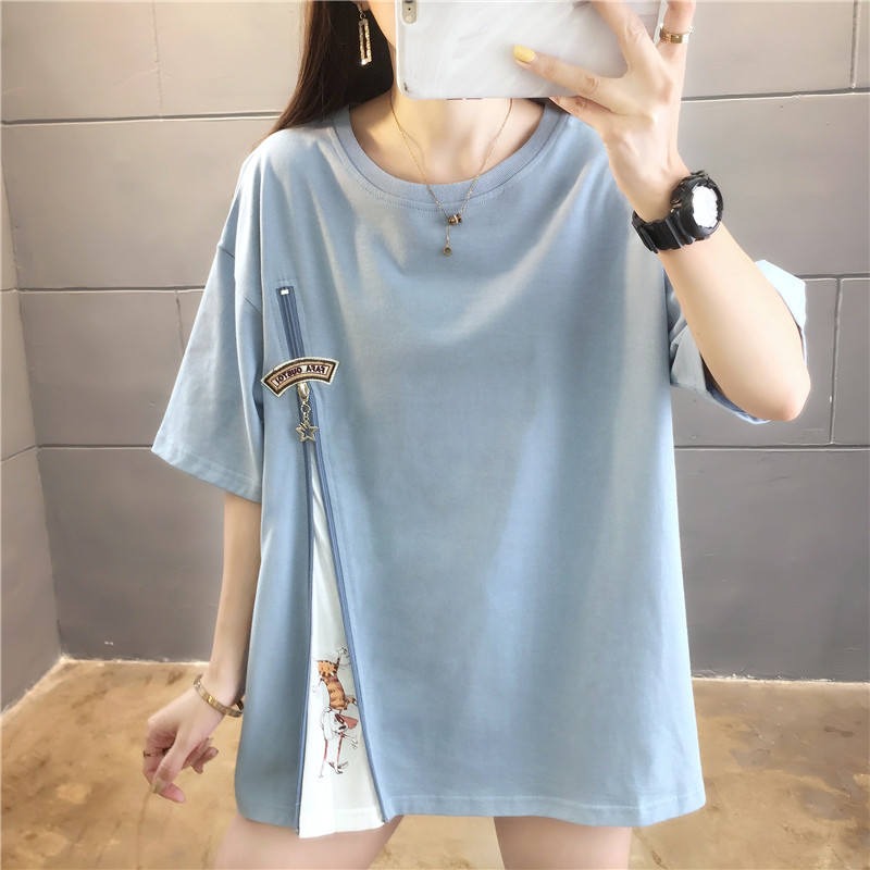 實拍炸街棉質短袖t恤女夏中長款潮韓版圓領印花新款上衣大碼女裝