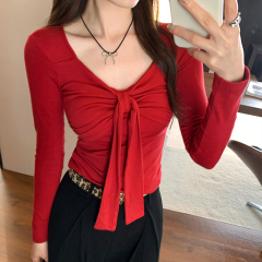 Real photos pure sexy pleated long-sleeved T-shirt for women in 2025 spring new waist-pinching top