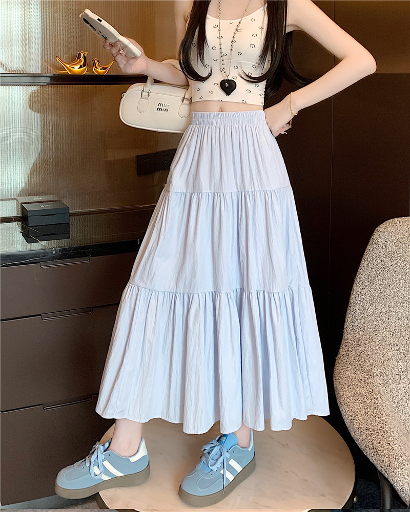 Real photo of white skirt women's high waist A-line midi skirt slim and fluffy cake skirt