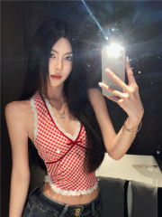 實拍~藍色辣妹背心吊帶夏季小眾設計感蕾絲格紋掛脖上衣外穿