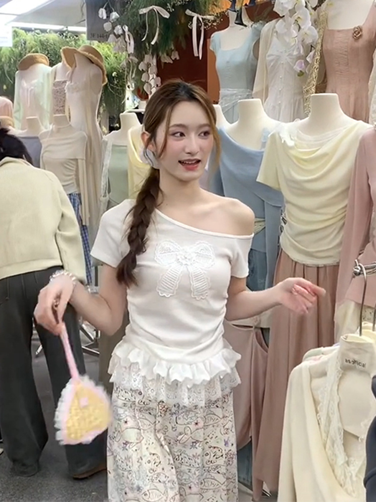 Korean chic off-shoulder bow lace lace short-sleeved T-shirt for women in summer layered skirt hem slim top