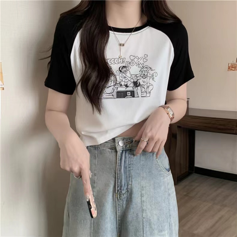 Real-life pure cotton rib contrast raglan sleeve short sleeve short sleeve top