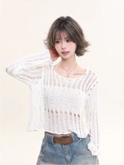 2025春夏新款鏤空輕薄透長袖圓領珍珠針織衫疊穿打底單穿短款
