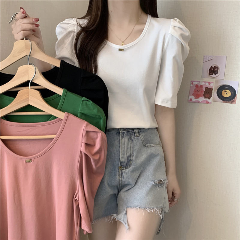 Real shot of pure cotton ribbed puff sleeves for women's T-shirt