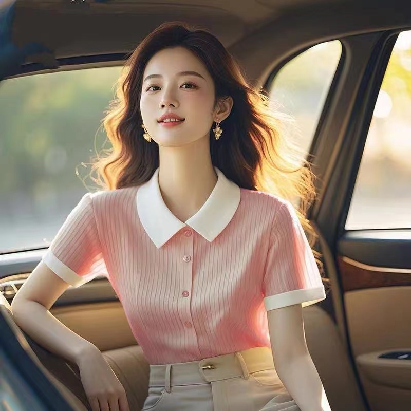 Pink shoulder short-sleeved T-shirt for women in 2025 summer new Korean POLO collar slim shirt and fresh top