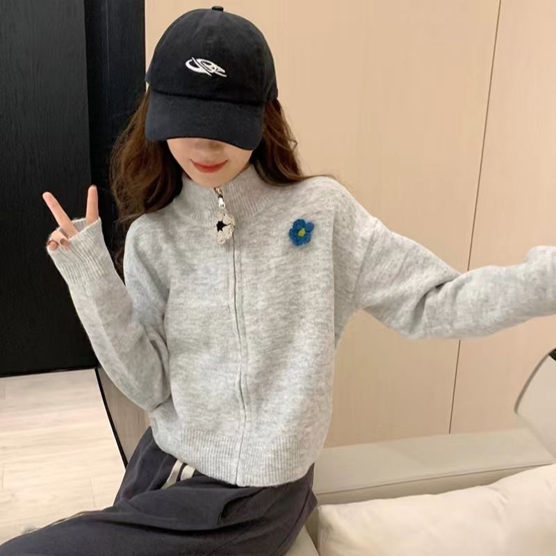Design-sensing zipper turtleneck sweater jacket for women in spring and autumn small loose short knitted cardigan top trendy