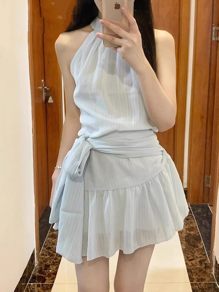 法式掛脖無袖藍色連衣裙女裝夏季設計感蝴蝶結綁帶A字裙黑色短裙