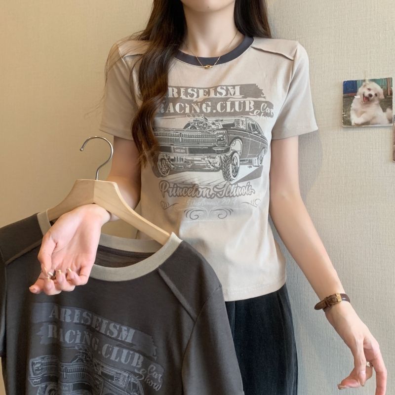 Real shot 40 pure cotton 210g 92 cotton/8 spandex short-sleeved T-shirt women's print