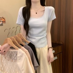Real shot of new summer U-neck sexy lace spliced ​​back hollow pleated pure short-sleeved knit top