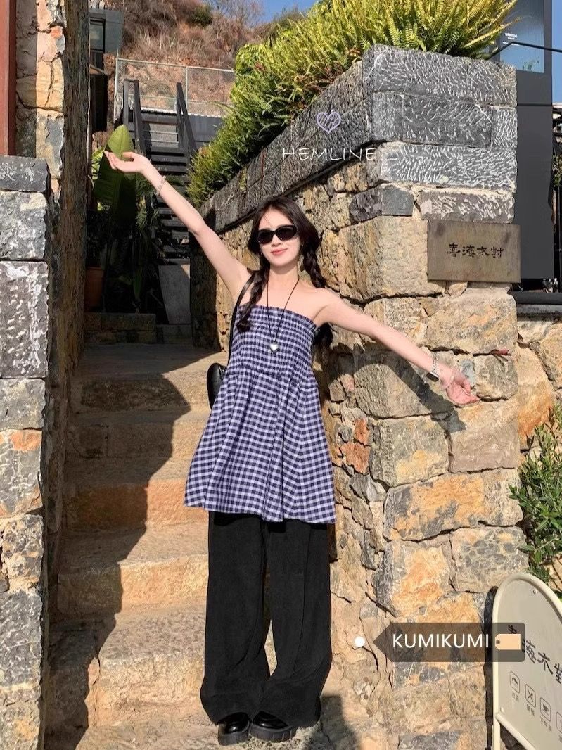 Original Zhejiang Pure Cotton Striped Blouse Sweet and Spicy Style Babydoll Tank Top Sleeveless Top for Summer 2025
