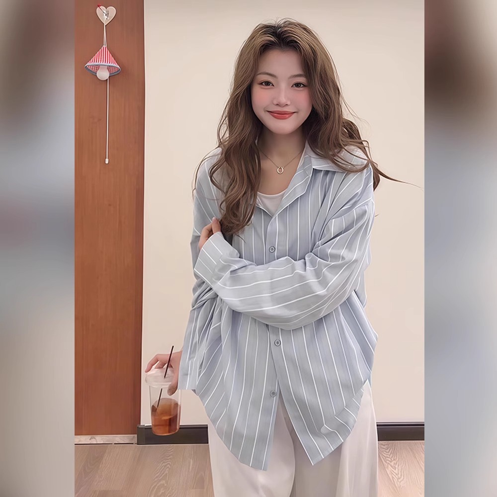 藍色條紋襯衫女高級感輕奢減齡洋氣2025新款韓系chic別致穿搭上衣