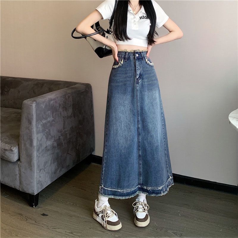 All-matched fur-edged denim skirt for women's spring and autumn new high-waisted slim design niche A-line denim skirt