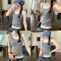 Real photos fake two-piece contrasting color inner small suspender vest for women in summer wear design knitted sleeveless tensile top