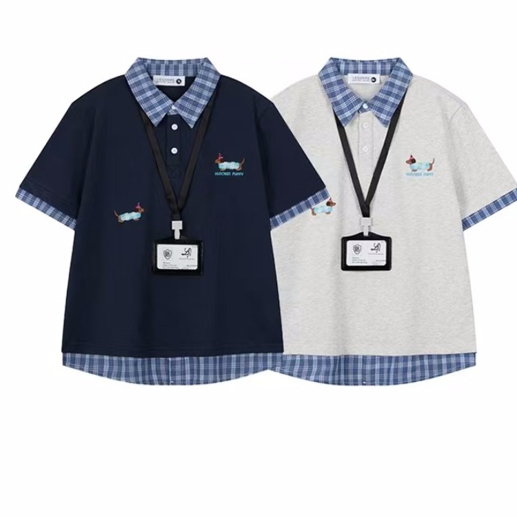 原版做法小狗刺繡拼格子POLO領衛衣女學院風假兩件寬鬆套頭上衣