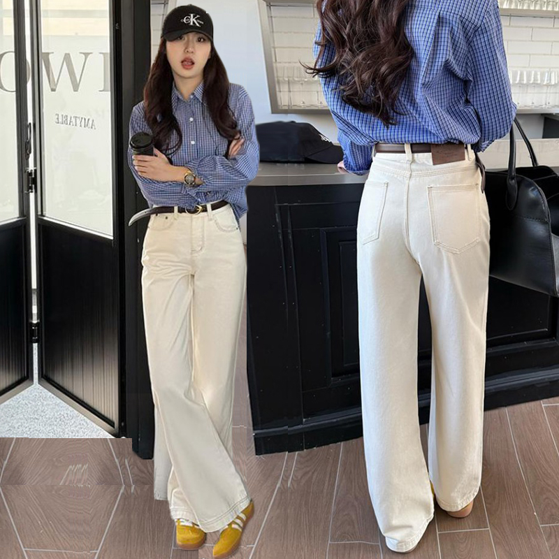 Off-white high-waist straight-leg jeans for women in spring and summer 2025 new style small loose washable wide-leg pants