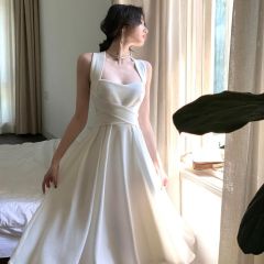 Korean white cross-stretched suspender dress with waist slim women's summer new temperament gentle style long halter skirt